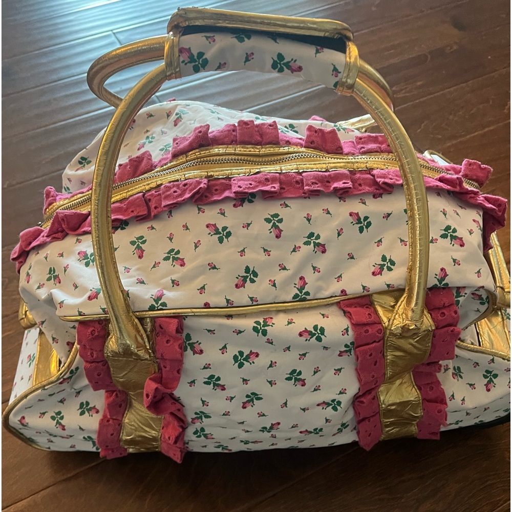 Rare Vintage Betsey Johnson White with Pink Rosebuds Ruffled Travel Roller Bag - Picture 1 of 15